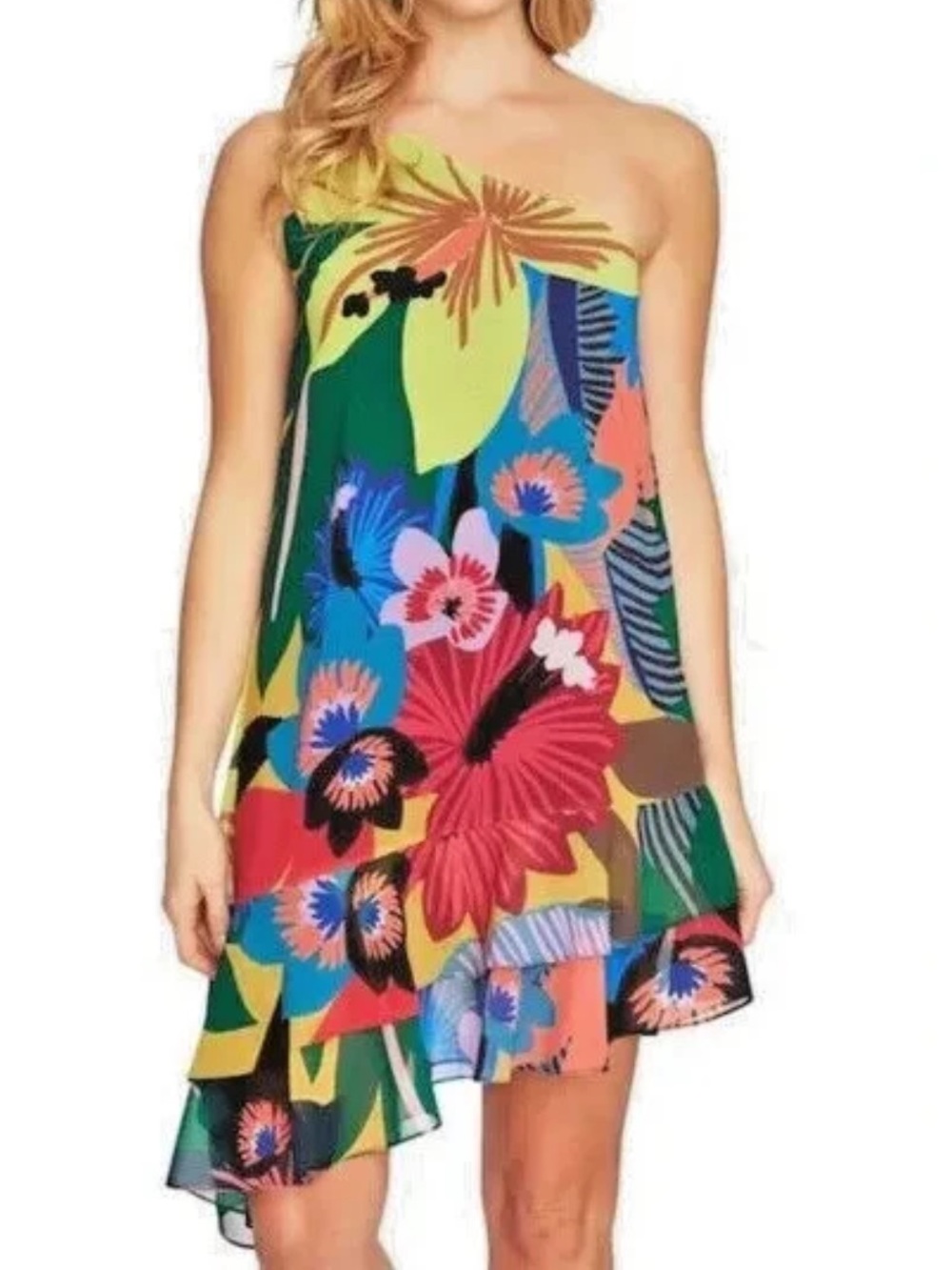 CeCe Jungle Splendor One Shoulder Dress Tropical  Ruffled Hem size 4